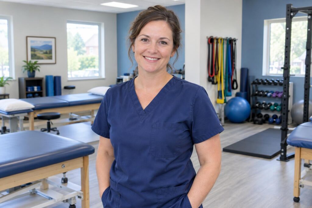 A physical therapist in scrubs, smiling, arms relaxed