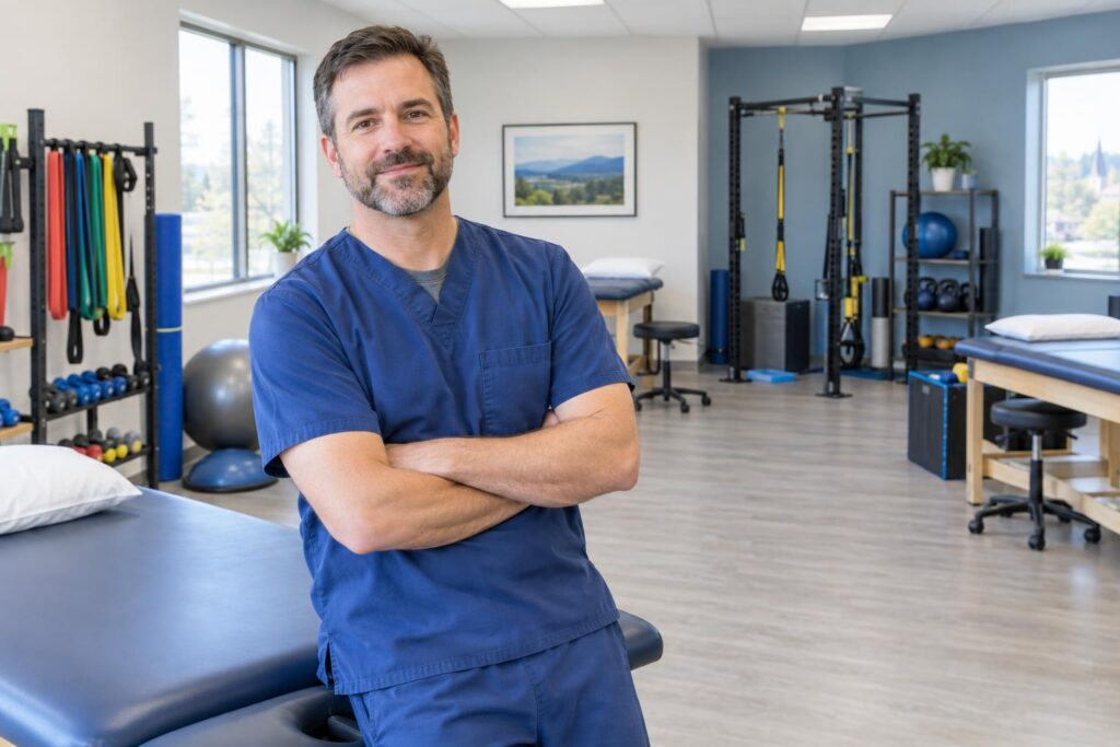 A physical therapist in scrubs standing by a treatment table