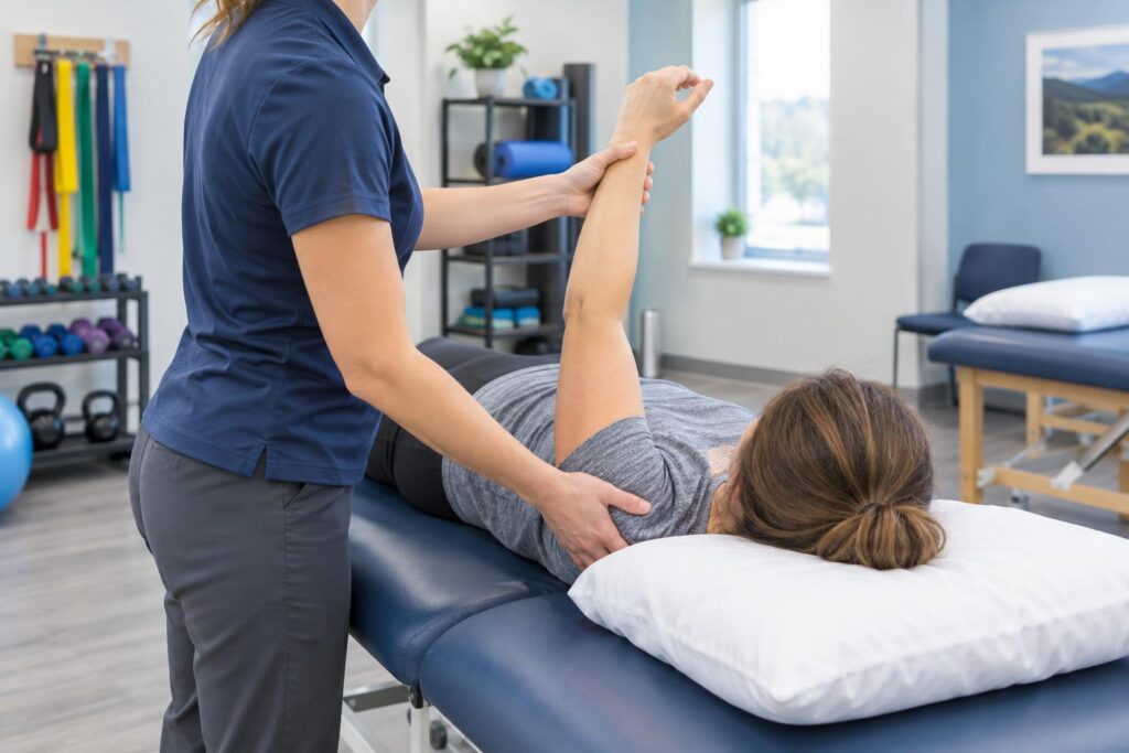 A therapist guiding a patient's shoulder through a range-of-motion exercise