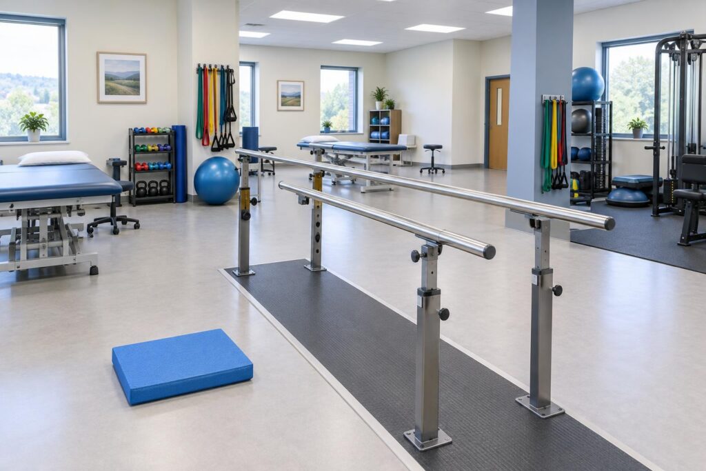 A foam balance pad and a set of parallel handrails