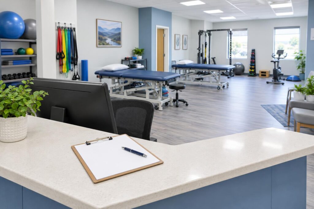 A reception desk with a clipboard and pen